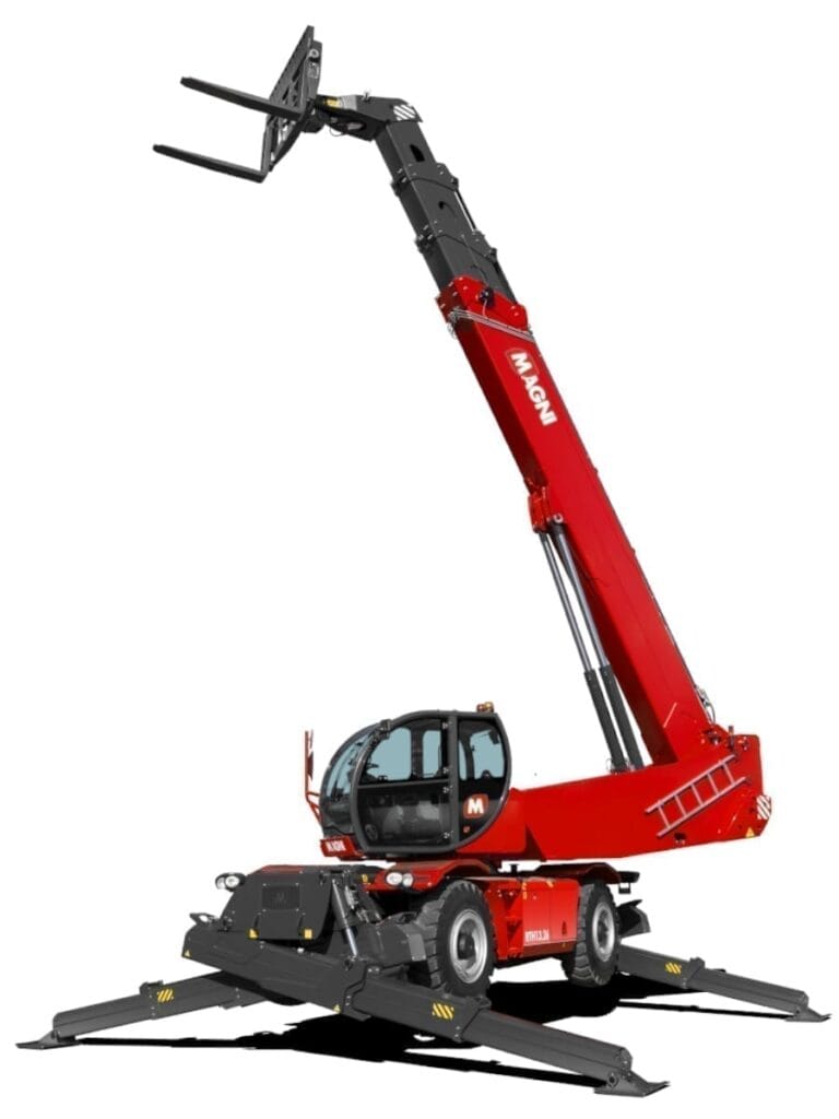 A red Magni RTH 10.37 rotating telescopic handler with extended stabilizers and a raised boom equipped with forks.