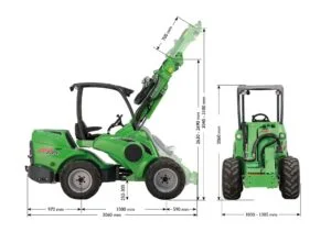 Side and rear views of the Avant 735 mini loader with measurements highlighted. The loader features a compact design with a total length of 3060 mm, adjustable width of 1030 to 1305 mm, and a telescopic boom extending up to 3100 mm. The machine also has a height of 2060 mm, making it suitable for heavy-duty tasks in confined spaces.