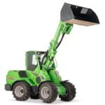 Avant 845 GT mini loader with an extended telescopic boom, lifting a bucket attachment. The green loader features an enclosed cabin and large rugged tires, demonstrating its ability to handle heavy-duty lifting tasks in various industries.