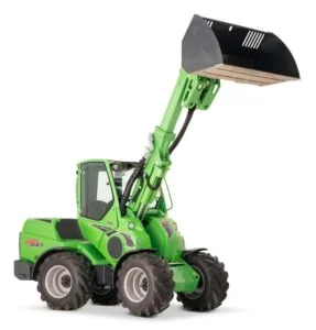 Avant 845 GT mini loader with an extended telescopic boom, lifting a bucket attachment. The green loader features an enclosed cabin and large rugged tires, demonstrating its ability to handle heavy-duty lifting tasks in various industries.