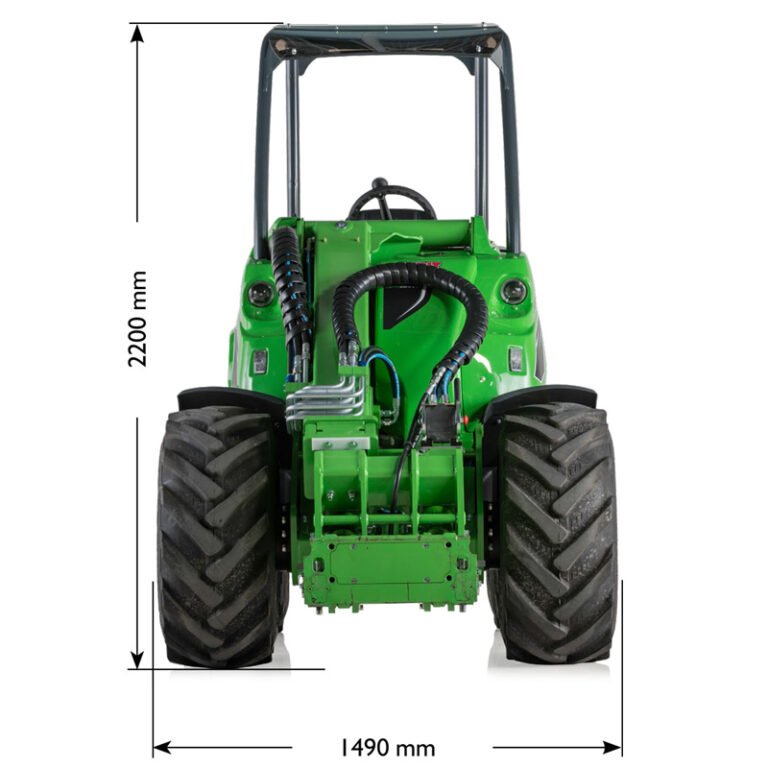 Front view of the Avant 845 GT mini loader with measurements, showing a height of 2200 mm and a width of 1490 mm. The loader features large tires and a robust hydraulic system for heavy-duty tasks.