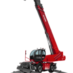 Magni RTH 10.37 telescopic handler with extended stabilizers and raised boom.