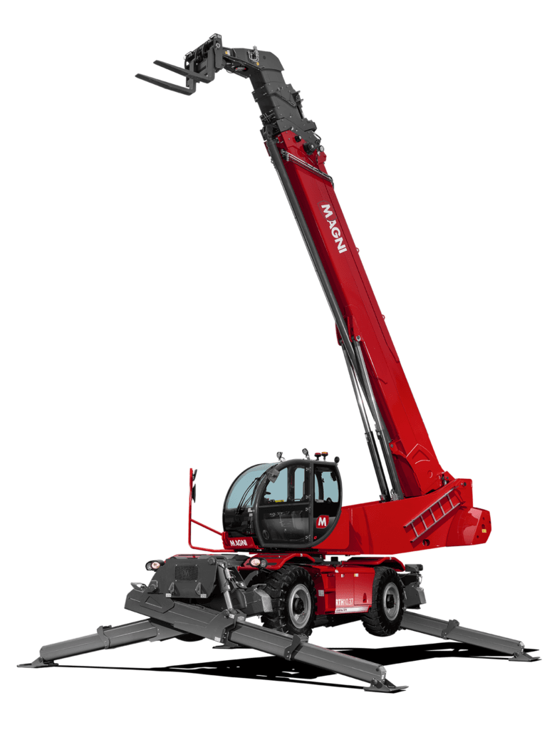 Magni RTH 10.37 telescopic handler with extended stabilizers and raised boom.