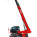 Magni RTH 6.26 rotating telescopic handler, fully extended with stabilizers deployed for secure lifting and versatile operation at various heights.