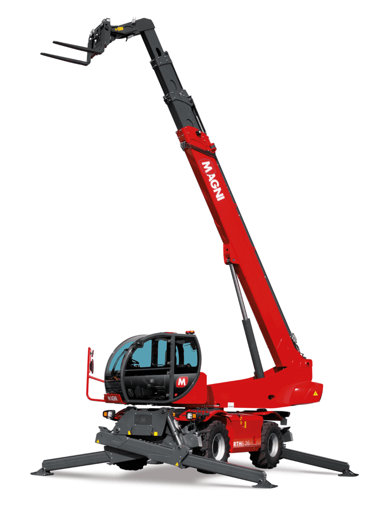 Magni RTH 6.26 rotating telescopic handler, fully extended with stabilizers deployed for secure lifting and versatile operation at various heights.