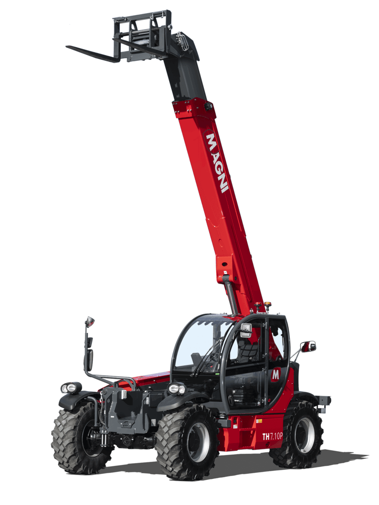 Magni TH 7.10P telescopic handler with fully extended boom and fork attachment.