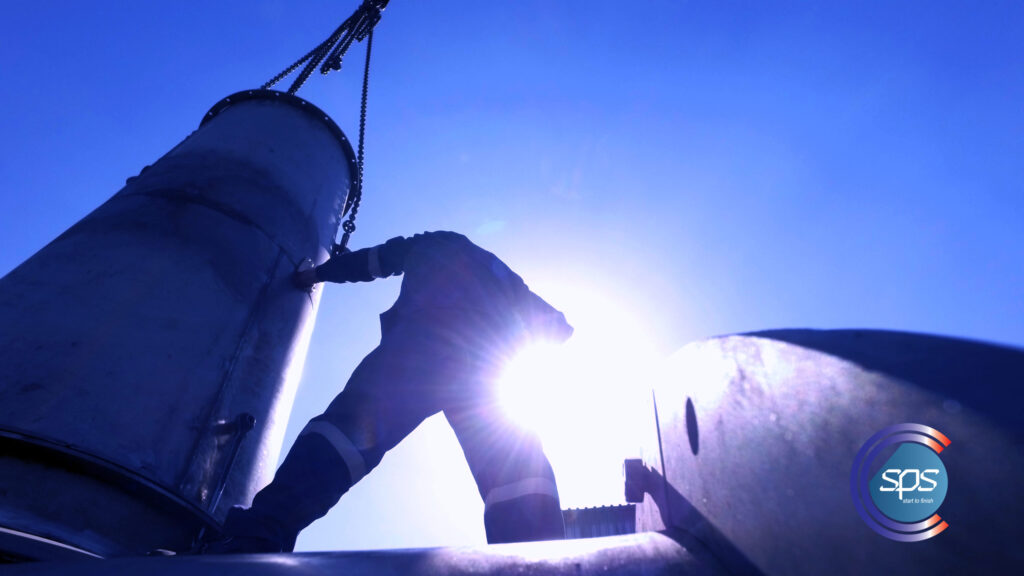 Silhouetted industrial worker standing beside large equipment, captured against the backdrop of a bright blue sky with the sun behind. The image features the SPS (Sinter Plant Services) logo in the bottom right corner, emphasizing the theme of heavy industry and specialized services.